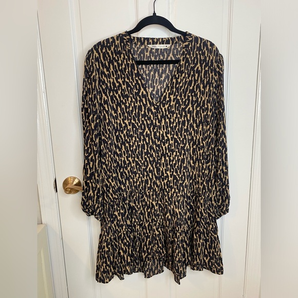 Zara The Claris Dress Leopard Print Black Tan - Women’s Babydoll Ruffle Large - Picture 2 of 11